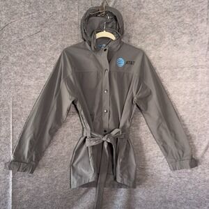 AT&T Hooded Shirt Jacket Women Sz S Gray Zip Snap Front Belted Packable Hood